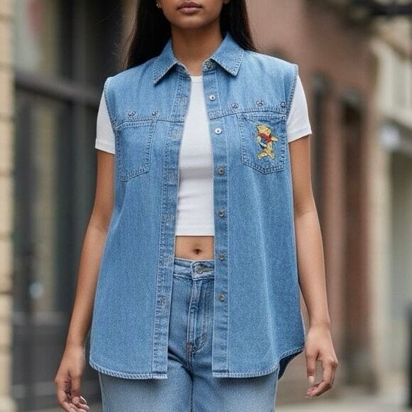 Vintage Disney Winnie the Pooh Bear denim sleeveless button embroidered L large - Picture 15 of 15